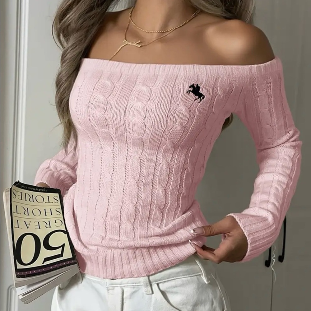 NWT • Women’s Sexy L/S Pale Pink Off-The-Shoulder Cable Knit Sweater - Picture 2 of 5